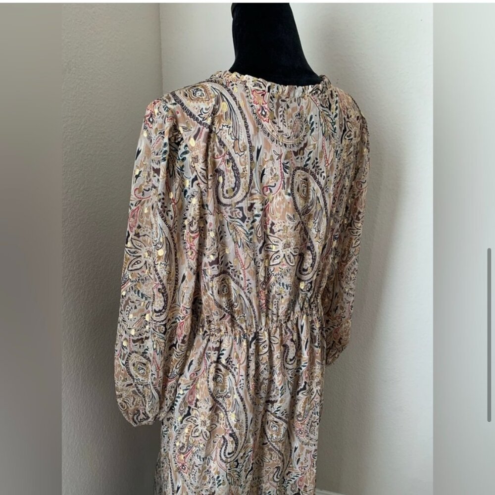 Paisley shimmer V-neck midi dress in gold and neutrals Loft